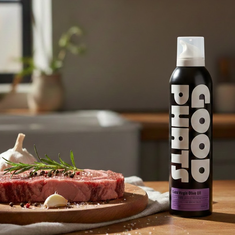 Good Phats extra virgin olive oil spray bottle next to raw steak with rosemary and garlic on a wooden board